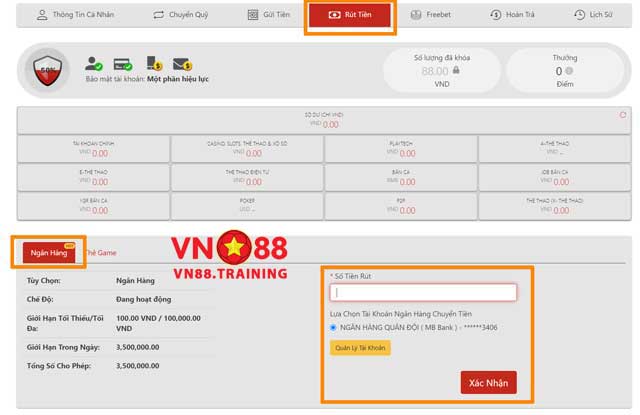 Cách rút tiền từ VN88 về tài khoản ngân hàng
