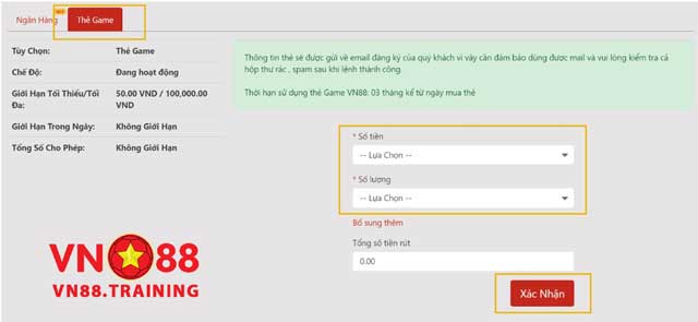 Chọn thực hiện rút tiền VN88 thành thẻ game