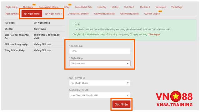 Thực hiện nạp tiền Vn88 bằng mã QR